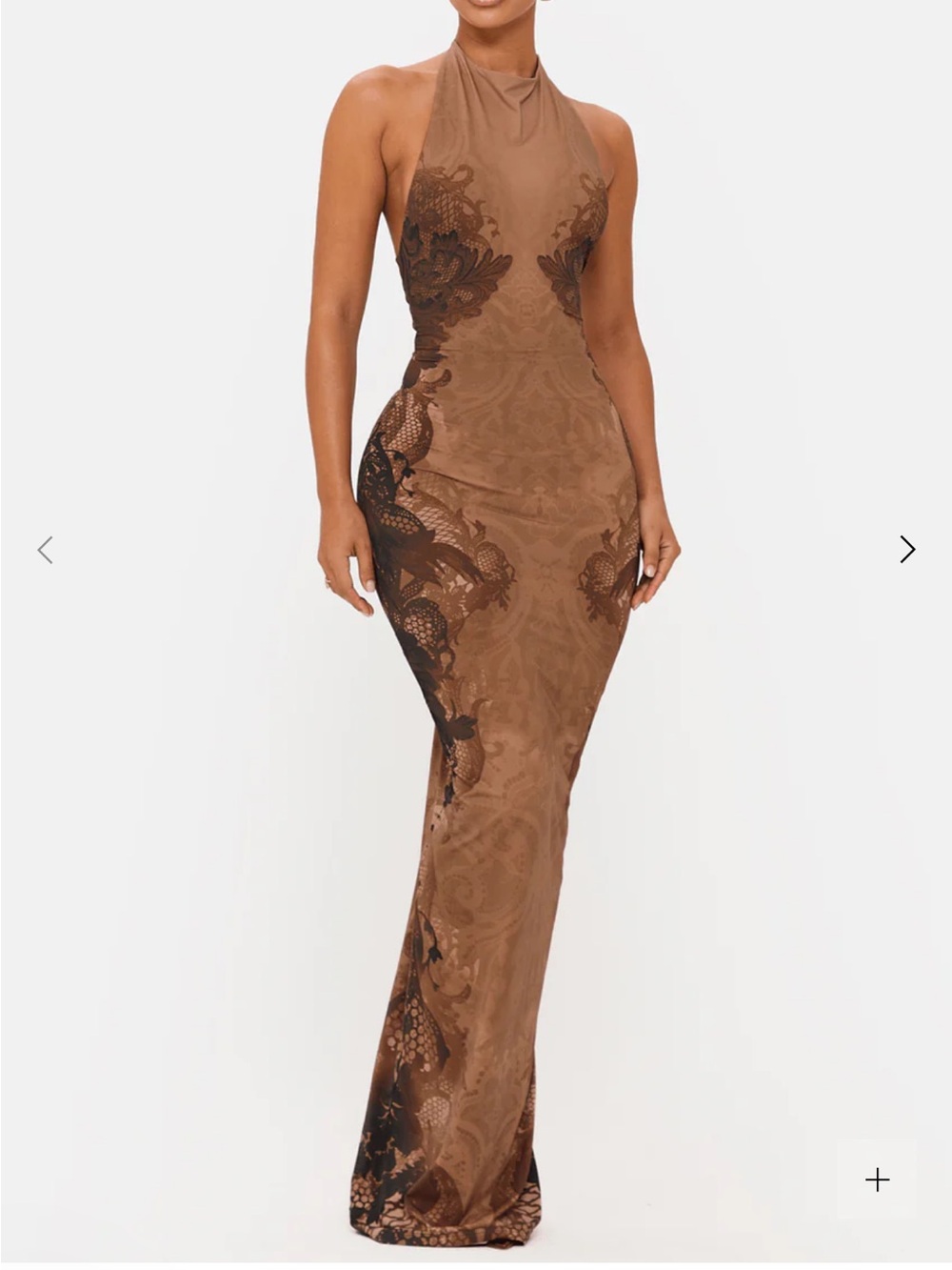Halter-Neck Maxi Dress in Brown with Black Lace Accents